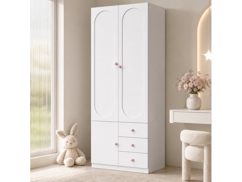  Armoire 2 portes avec 3 tiroirs, penderie et étagères, poignées en céramique, pour chambre, blanc, 80 × 50 × 200 cm  - Conforama B