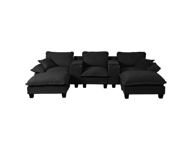  Canapé panoramique modulable, 2 poufs, rangements, ports usb, porte-gobelets, 323 × 151 × 90 cm, chenille noire  - Conforama A