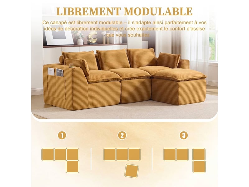  Canapé 3 places velours côtelé modulable avec pouf - orange - 256 cm - porte-gobelet et poches  - Conforama E
