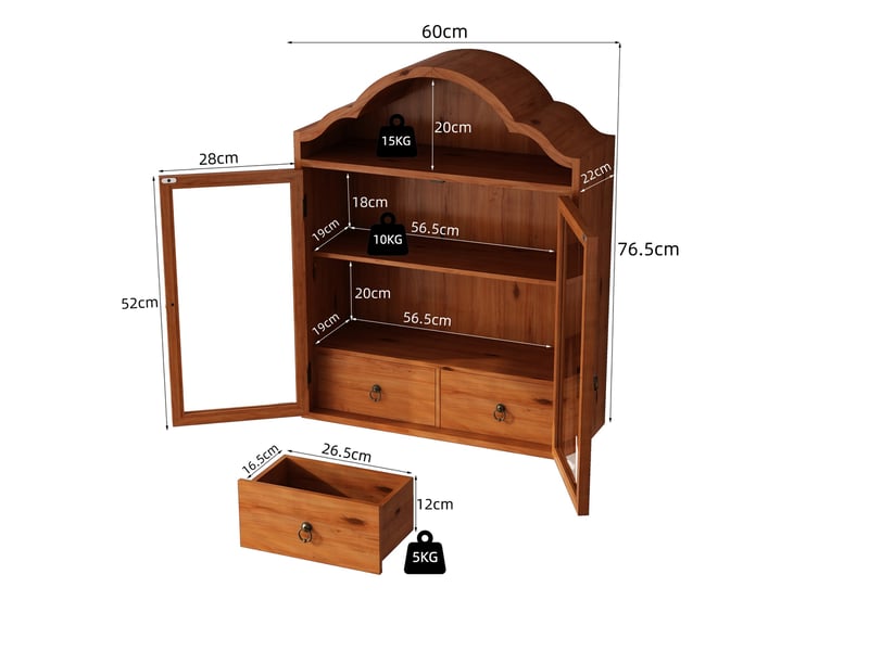  Armoire murale rétro avec 2 portes vitrées, 2 tiroirs et étagères réglables pour cuisine bois brun 60 × 22 × 76,5 cm  - Conforama C