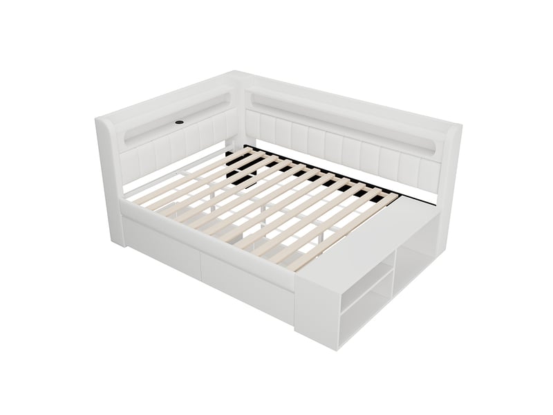  Canapé-lit rembourré 90 x 200 cm avec port usb et led, comprenant un meuble à chaussures et deux tiroirs, tissu lin, blanc  - Conforama D