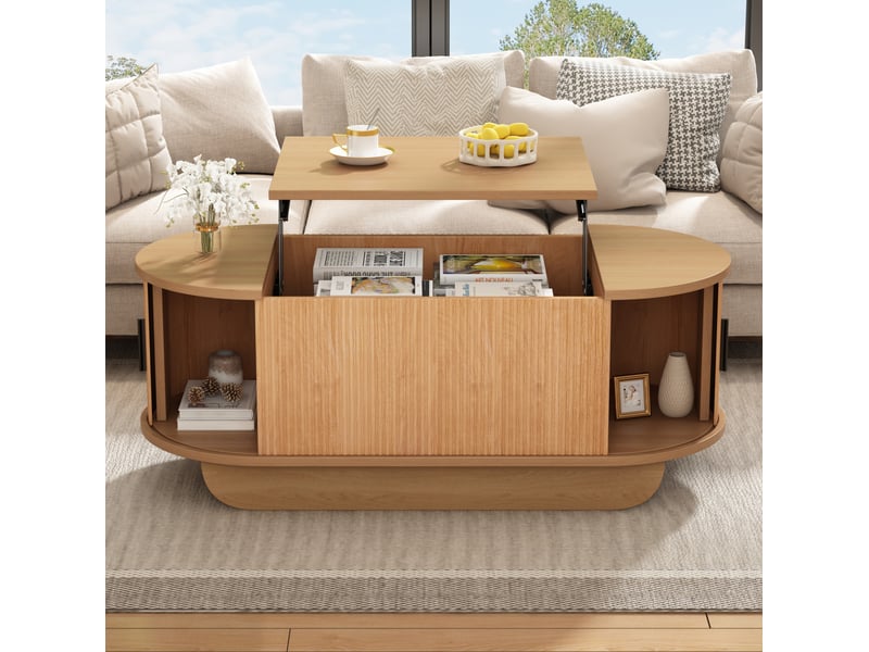 Table basse relevable ovale avec rangement et volets roulants latéraux, à mécanisme hydraulique, en mdf couleur bois - Conforama D