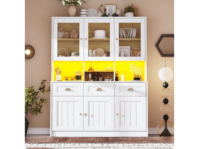  Buffet cuisine l140xp40xh175, étagères ajustables buffet, portes vitrées, led intégrées, couleurs variables, structure mdf bicolore  - Conforama B