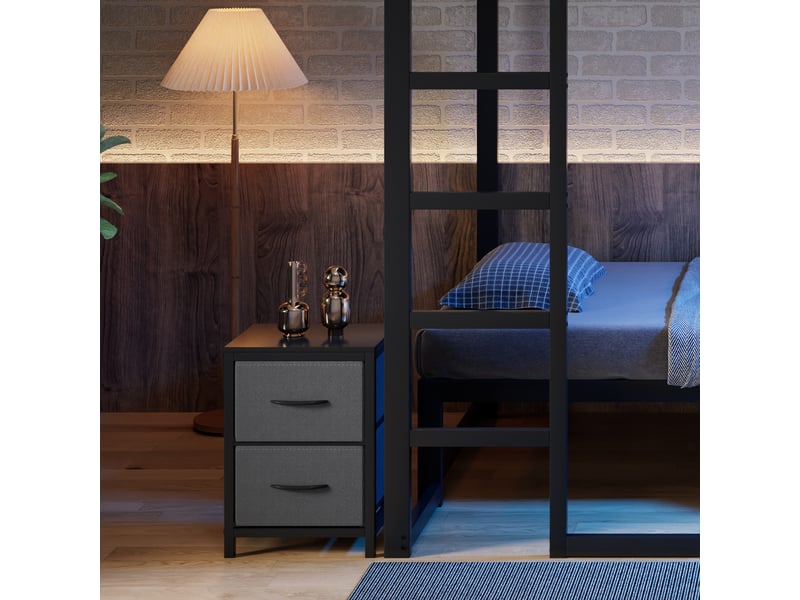 Lit superposé 3 places 140 x 200 cm et 90 x 200 cm avec chevet mobile, penderie avec led, étagère et garde-corps en métal noir sans matelas - Conforama D