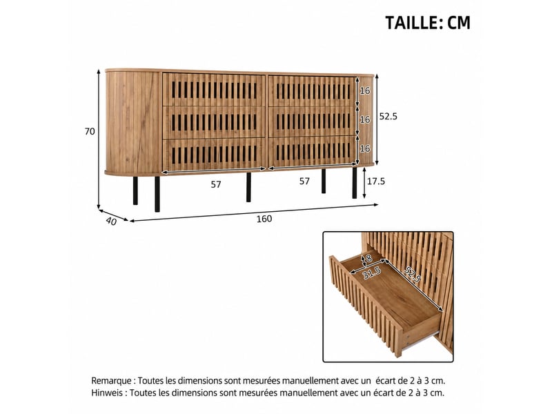  Buffet 6 tiroirs en mdf – design à lattes ajourées – naturel – 160 x 40 x 70 cm  - Conforama D