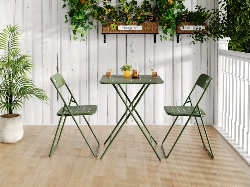  Salon de jardin bistrot pliant 3 pièces 60 x 60 cm – vert – acier e-coating, table et 2 chaises pratiques  - Conforama B