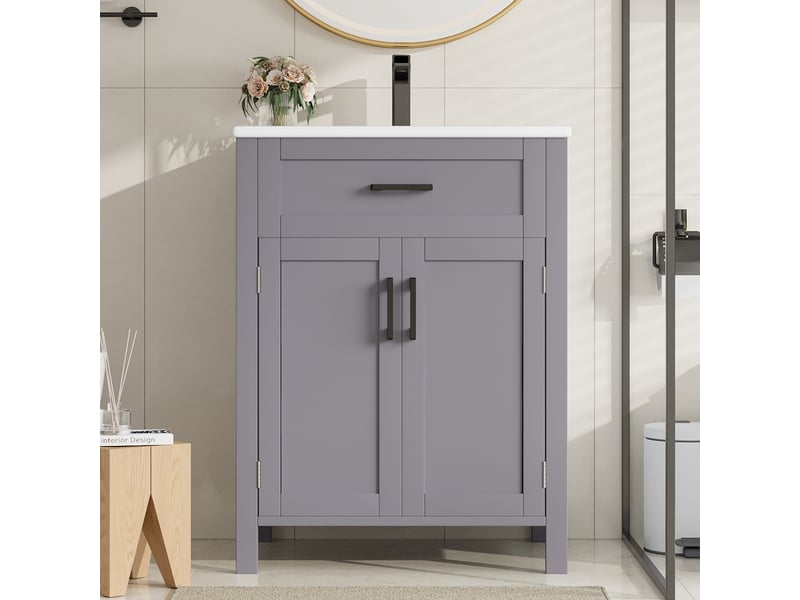 Meuble vasque salle de bain gris 60 cm avec lavabo céramique intégré, tiroir et étagères réglables - Conforama B