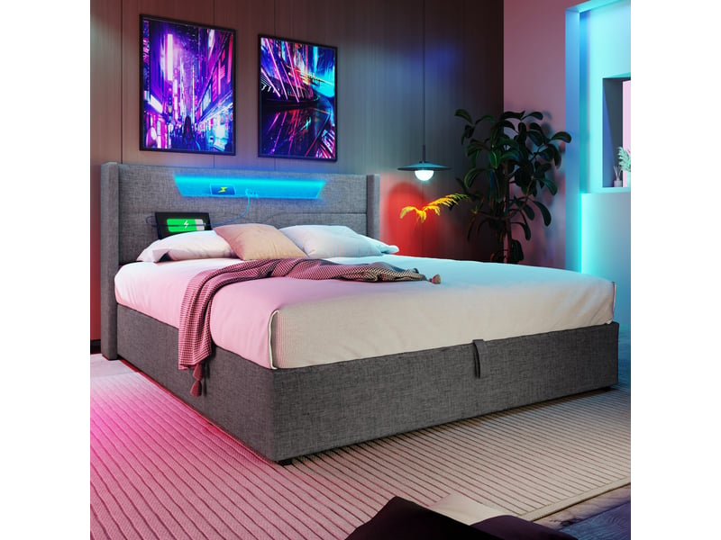  Lit coffre rembourré 140x200 cm avec rangement hydraulique, éclairage led, ports usb et type-c, revêtement en lin, gris  - Conforama B