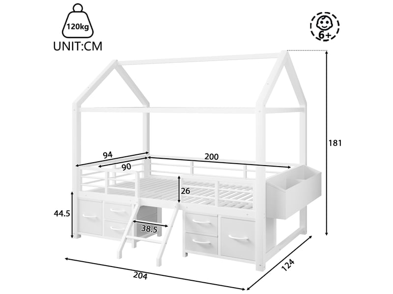 Lit mezzanine enfant 90x200 cm avec led et rangements, métal blanc, sans matelas - Conforama C