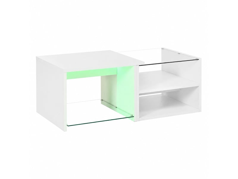  Table basse blanche à niveaux décalés avec plateau en verre et led réglable par application, 100 x 50 x 38 cm  - Conforama A