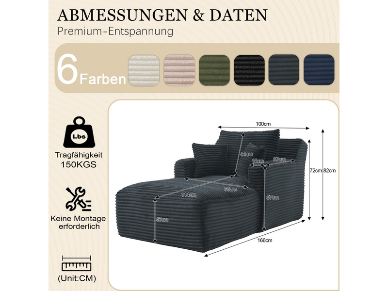  Chaise longue de relaxation moderne - 100x166x82cm - fauteuil de salon en velours côtelé design sans montage - gris foncé  - Conforama E