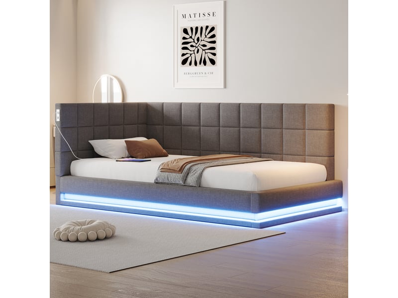  Lit banquette enfant 90 x 200 cm avec led, usb et sommier à lattes, lin, gris Fay Lum - Conforama B