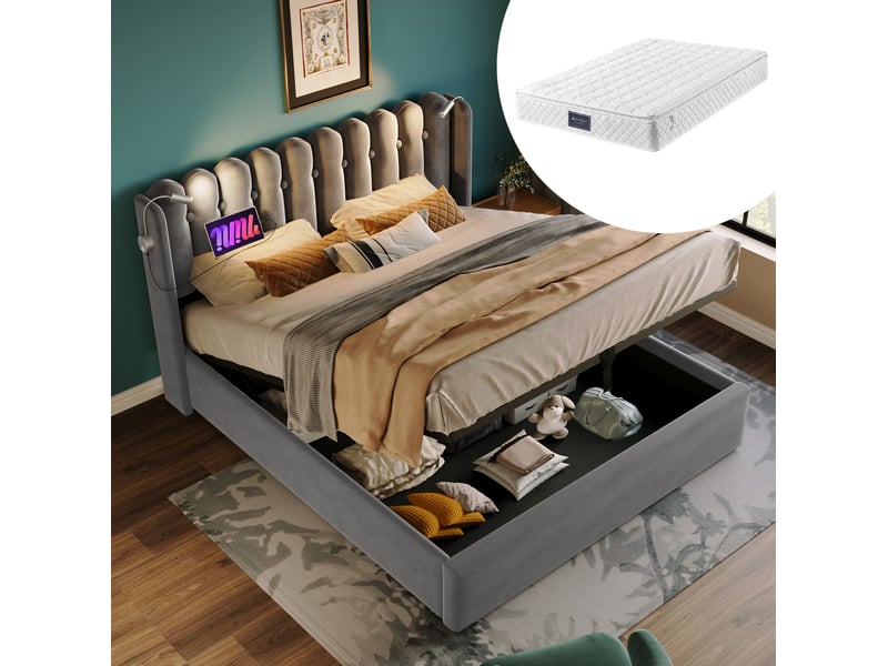  Lit coffre double 140 x 200 cm gris en velours avec éclairage de lecture et usb  - Conforama B