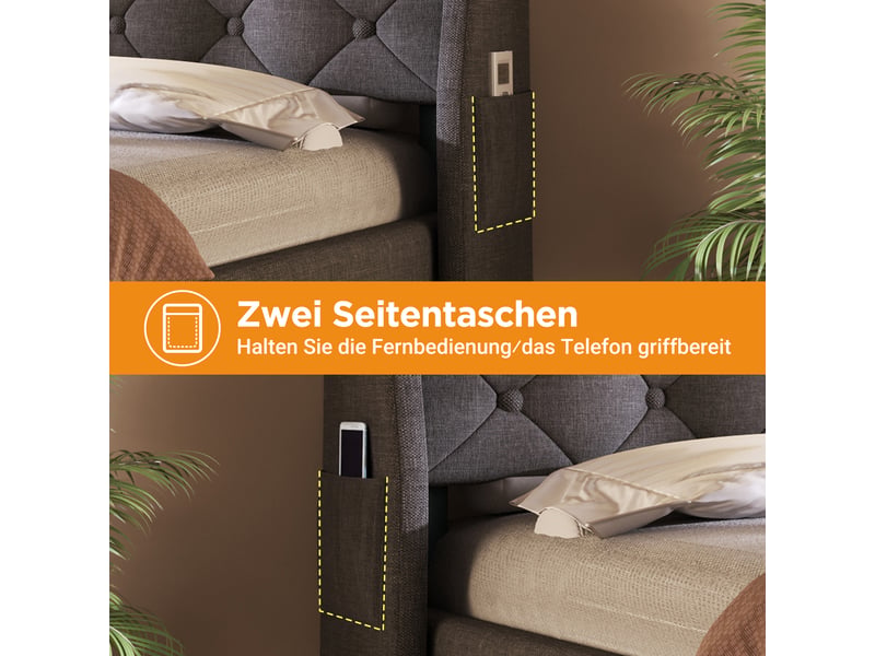  Lit rembourré, lit enfant 90x200 cm, rangement hydraulique, led, usbusb-c, sommier à lattes, matelas inclus, lin gris  - Conforama R