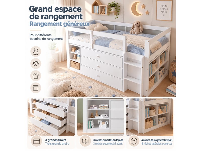  Lit surélevé avec rangement, escalier, 3 tiroirs, lit enfant avec barrières et protection  - Conforama D