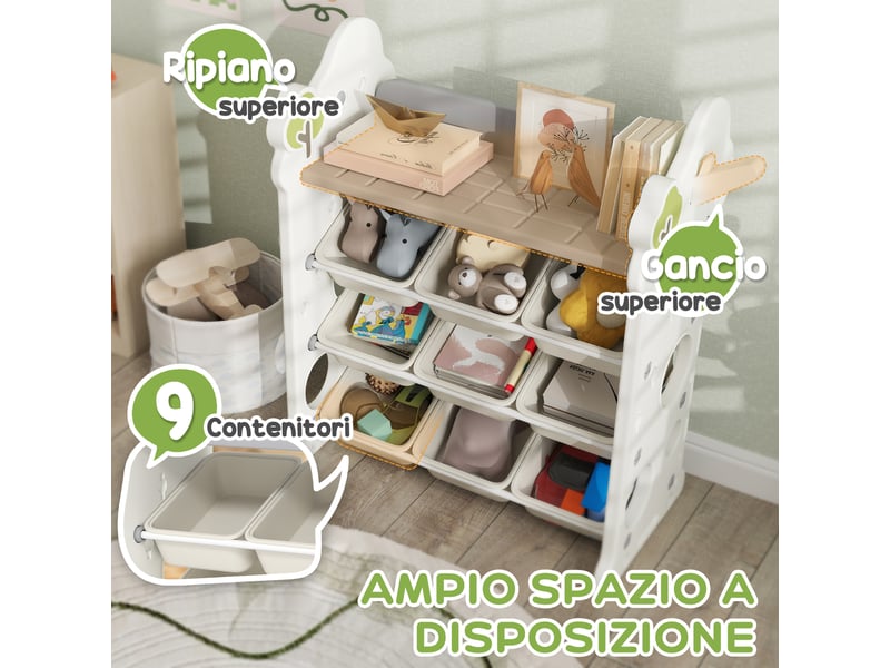  Meuble de rangement pour jouets à 4 niveaux avec 9 bacs et crochet latéral, pehd, 77 x 42 x 94 cm, blanc crème  - Conforama E