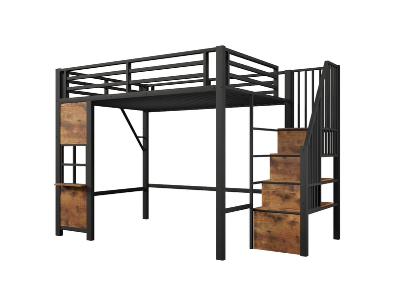 Lit mezzanine métal noir 140×200 cm avec échelle rangement, fenêtres et garde-corps - Conforama D