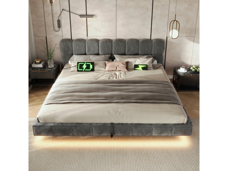 Lit coffre rembourré 140x190cm - avec lumière led et port usb - design flottant - tissu chenille - gris (sans matelas) - Conforama E