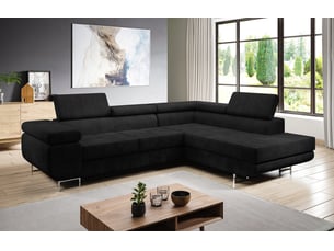 Canapé d'angle droit convertible <strong>AX LIVING </strong> <strong>Kanya</strong> 4 places Velours noir avec coffre de rangement