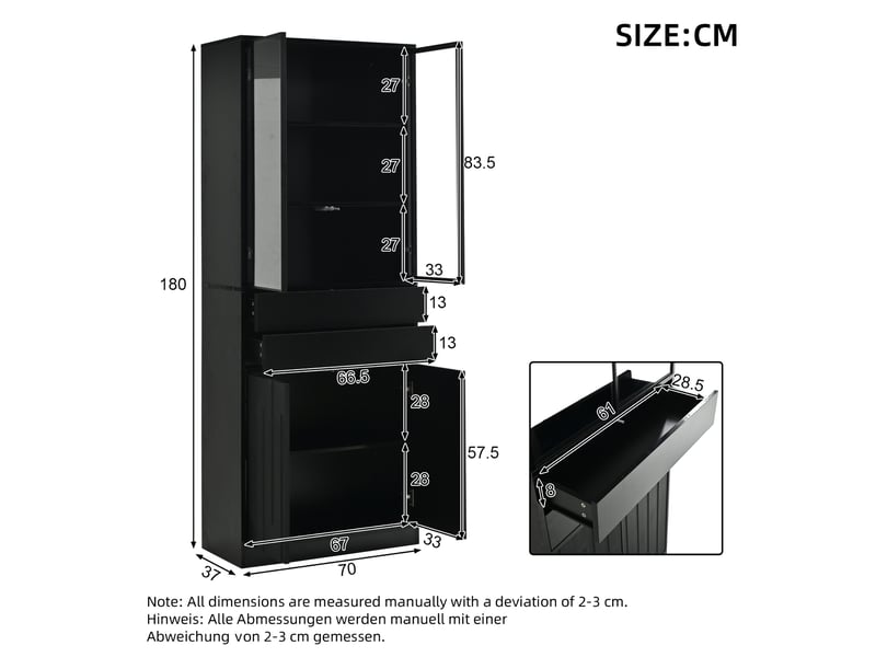 Vitrine haute en panneaux avec 4 portes, 2 tiroirs et éclairage led réglable pour salon noir mat 70 × 37 × 180 cm - Conforama C
