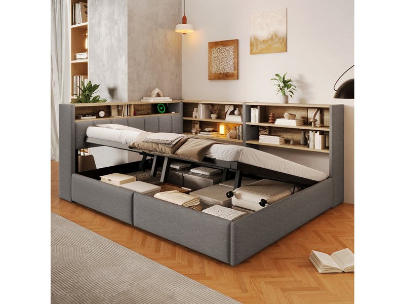 Lit coffre hydraulique 140x200 cm avec led, usb-c et tête réversible, velours gris, structure mdf, sans matelas - Conforama B