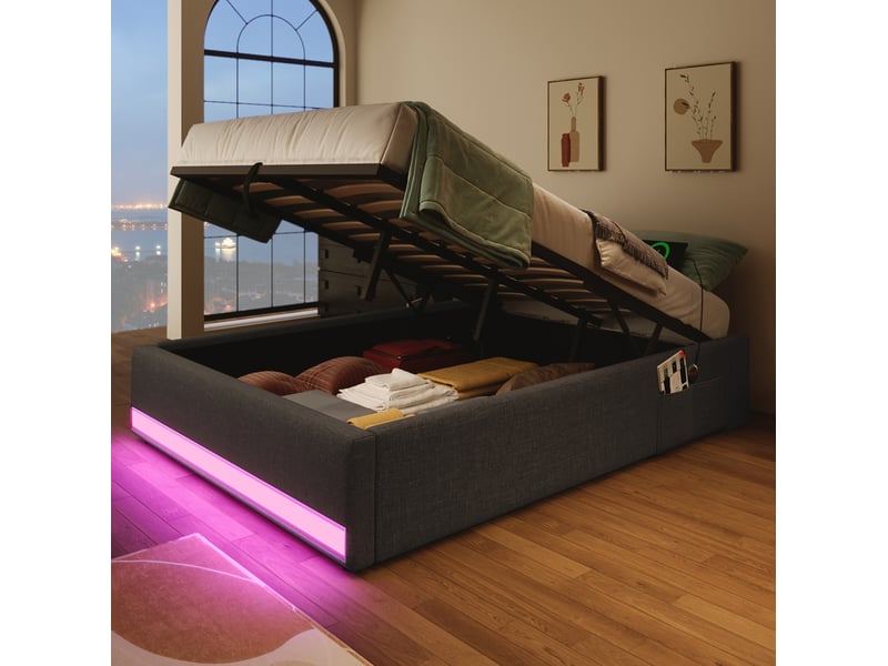 Sommier coffre 90x200 cm led multicolore usb-c poches latérales sans tête fonction design moderne lin gris sans matelas - Conforama D