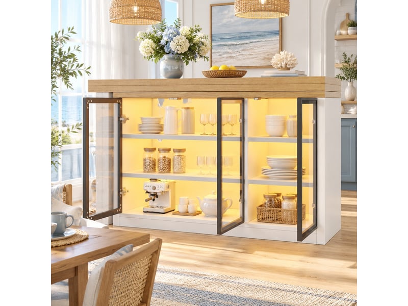  Îlot de cuisine avec table extensible pivotante à 360° et buffet, mdf et verre blanc  - Conforama D