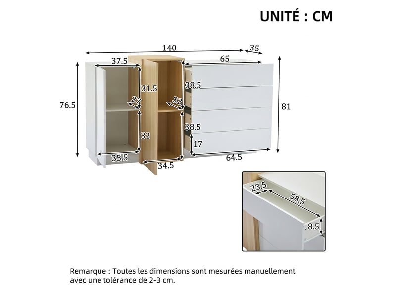 Buffet blanc laqué brillant meuble de rangement moderne 140 cm 4 tiroirs et 2 portes - Conforama C