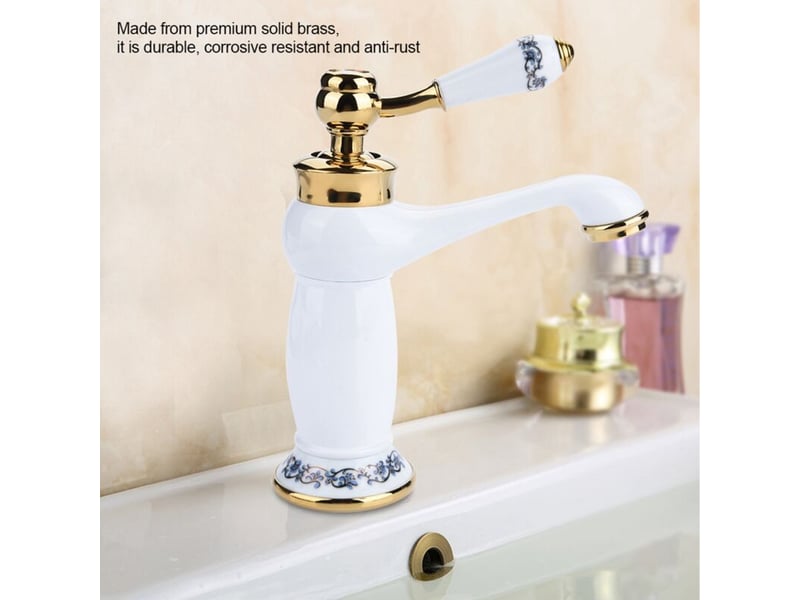  Robinets en céramique antique laiton, évier porcelaine bleublanc, col long vintage. Mitigeur pour lavabocuisine, eau froide, style rétro élégant.  - Conforama E