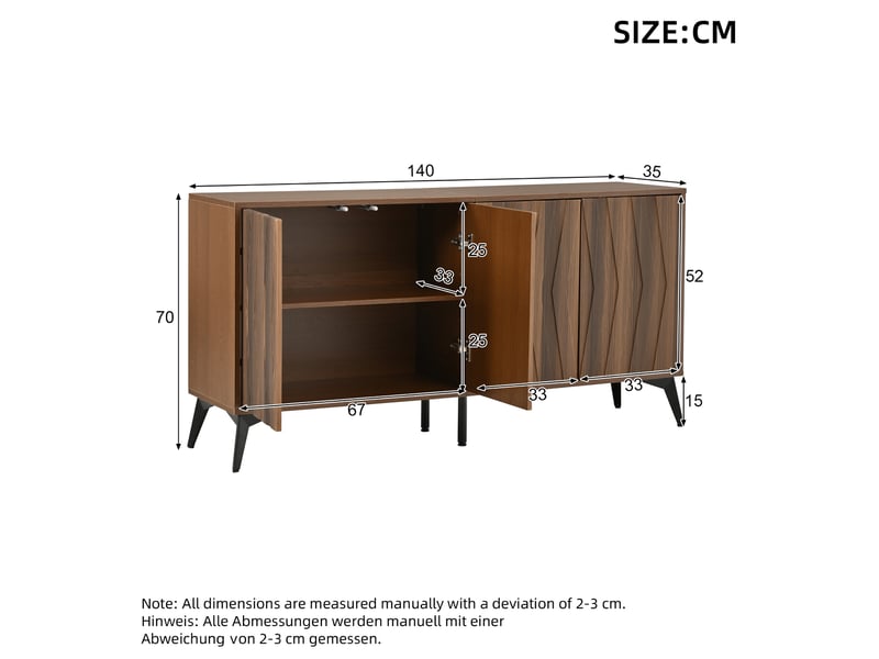 Buffet bas 140x35x70 cm noyer avec 4 portes et étagères réglables  - Conforama C
