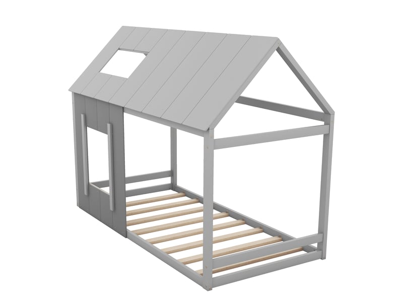  Lit enfant 90x200 cm style maison, toit et fenêtres, gris bicolore  - Conforama E