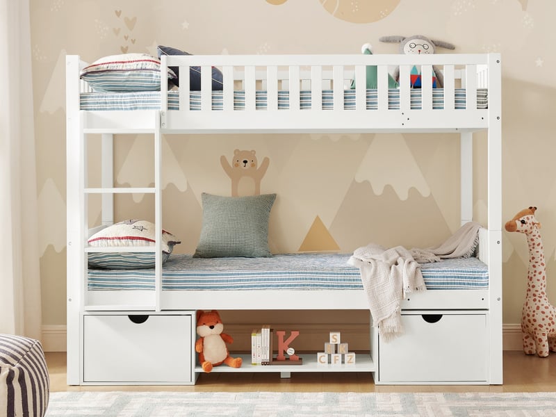  Lit double enfant, 90 × 200 cm, avec barrières de sécurité et tiroirs de rangement, échelle incluse, sans matelas, blanc  - Conforama B