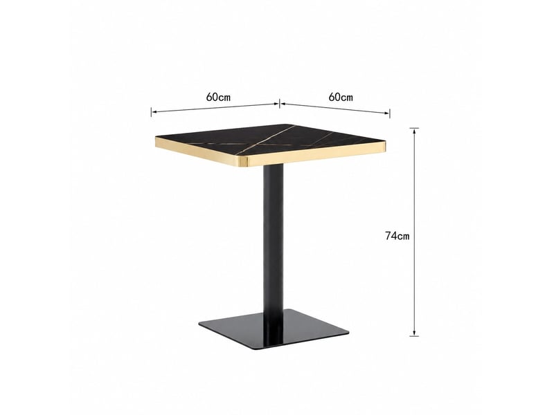 Table de salle à manger carrée pour 2 à 4 personnes, pied central métal et plateau effet marbre noir, 60 × 60 × 74 cm - Conforama E