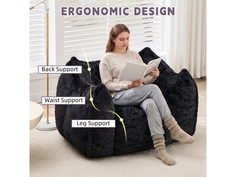  Fauteuil pouf géant 123 x 97 x 73 cm, fausse fourrure, mousse haute densité, coussin inclus pour salon et chambre - noir  - Conforama B