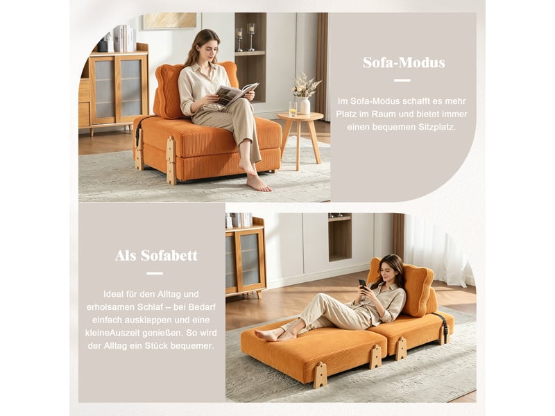  Canapé convertible 1 places en velours côtelé orangé, dossier ergonomique, structure en bois, 90×170×69 cm  - Conforama E