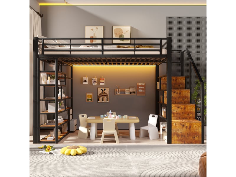  Lit mezzanine 140x200 cm, lit enfant, tiroirs, échelle sécurisée, barrière antichute, led, bois et métal noir  - Conforama D