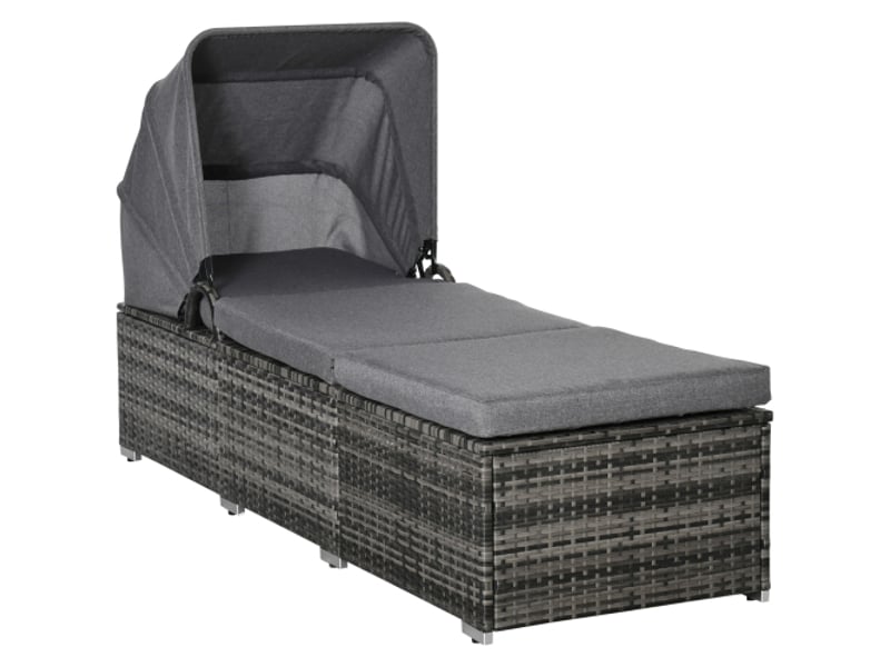 Chaise longue de jardin en résine tressée grise, pare-soleil réglable, coussin, 195 x 65 x 40 cm - Conforama A