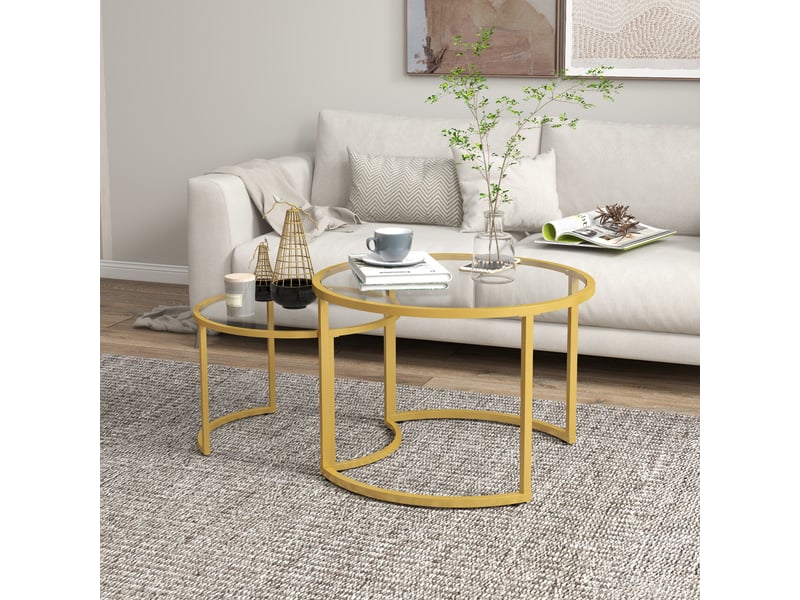 Lot de 2 tables basses gigognes rondes en verre trempé et acier au carbone pour salon gain de place T1003-01-08644 - Conforama E