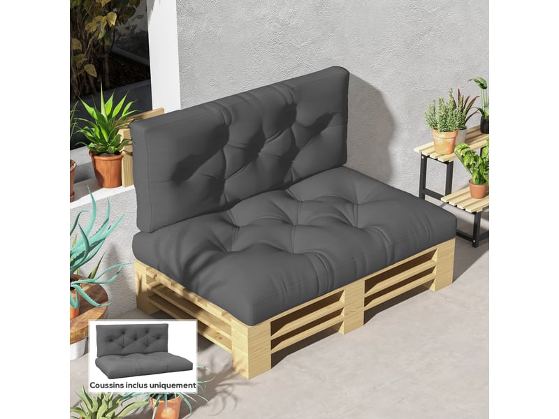  Ensemble de 2 coussins pour canapé palette 2 places dim. 120l x 80l x 12h cm polyester gris  - Conforama C
