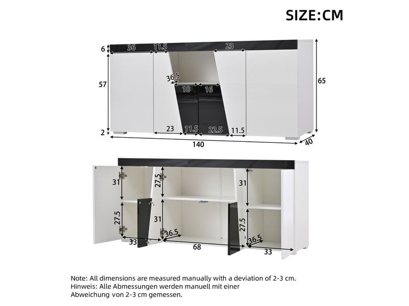 Meuble tv led 180x38,5x45 cm et bahut 140x40x65 cm, bluetooth, façades brillantes, mdf et verre, blanc et noir - Conforama D