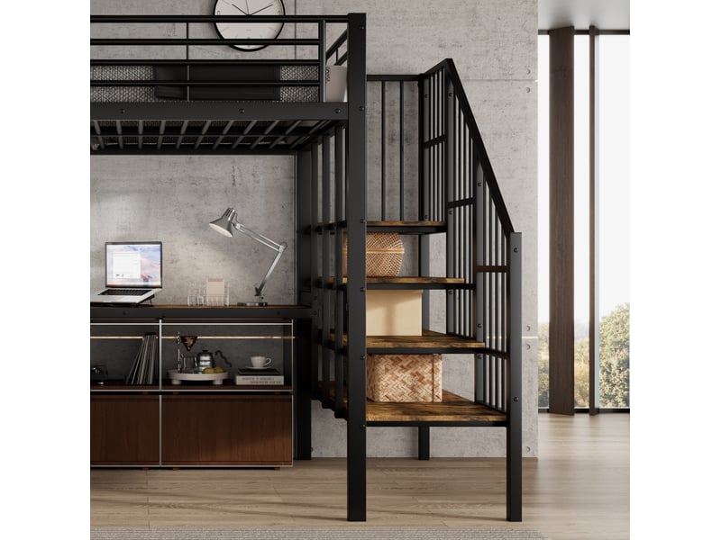 Lit mezzanine métal 120x200 bureau intégré escalier angle sécurisé prise intégrée métal mdf noir et noyer sans matelas - Conforama E