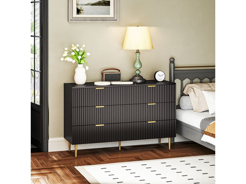  Commode 6 tiroirs commode chambre meuble de rangement moderne avec poignées et pieds dorés, noir, 120 x 40 x 76,5 cm  - Conforama D
