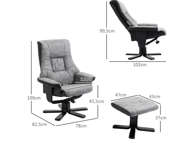  Fauteuil relax pivotant à 360° avec dossier inclinable à 135° et pouf repose-pieds en microfibre grise  - Conforama C
