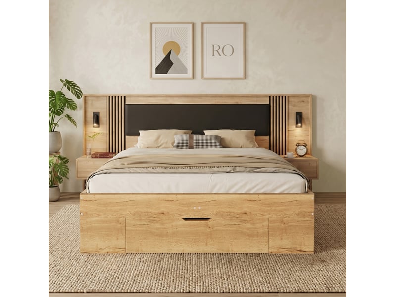  Lit double avec rangements 160x200 cm, matelas inclus, mdf, coloris naturel  - Conforama D