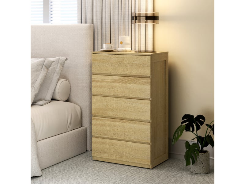  Commode en bois à 5 tiroirs avec glissières métalliques et poignées rainurées, 60 x 39 x 100 cm, couleur hêtre  - Conforama D