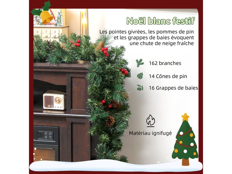  Guirlande de noël artificielle 180 cm, décoration de noël, 162 branches denses, pommes de pin, grappes de baies, vert  - Conforama E