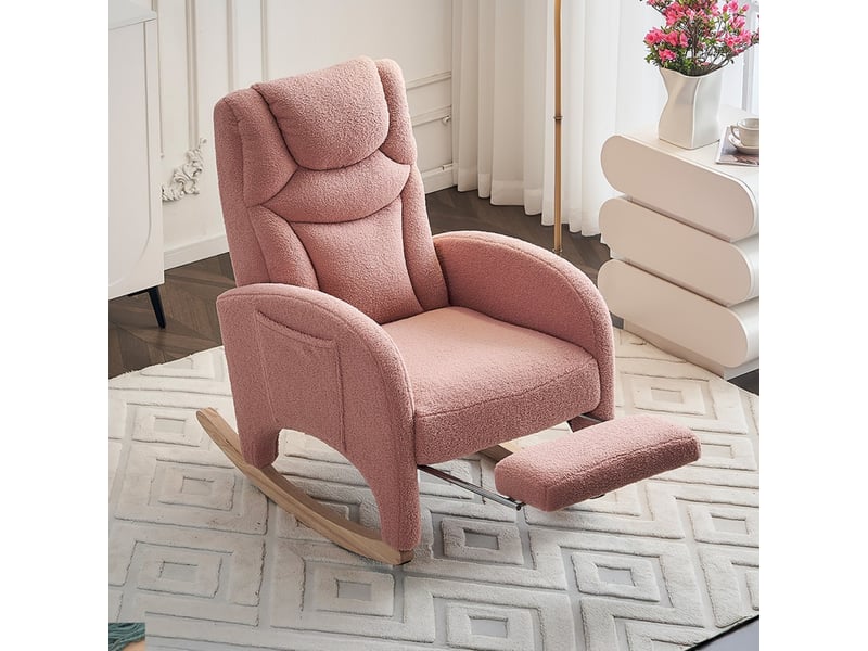  Fauteuil à bascule relax - 66x125x101 cm - avec repose-pieds pliable et têtière en tissu teddy bouclette pieds bois - rose  - Conforama C