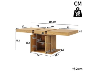 Table à manger extensible 140 à 180 x 90 x 75,2 cm en mdf avec colonne de rangement à portes striées, finition chêne clair ou noyer.