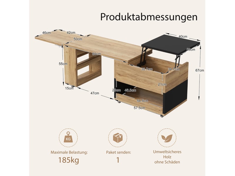  Table basse extensible 161.5 × 46 × 67 cm en bois d'ingénierie avec rangement, plateau relevable et roulettes naturel et noir chicfurn  - Conforama D