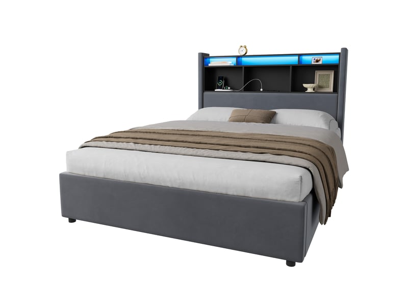  Lit simple 140×200 cm, led, prises et rangements ouverts en tête de lit, lit rembourré avec veilleuse, sans matelas - gris  - Conforama E